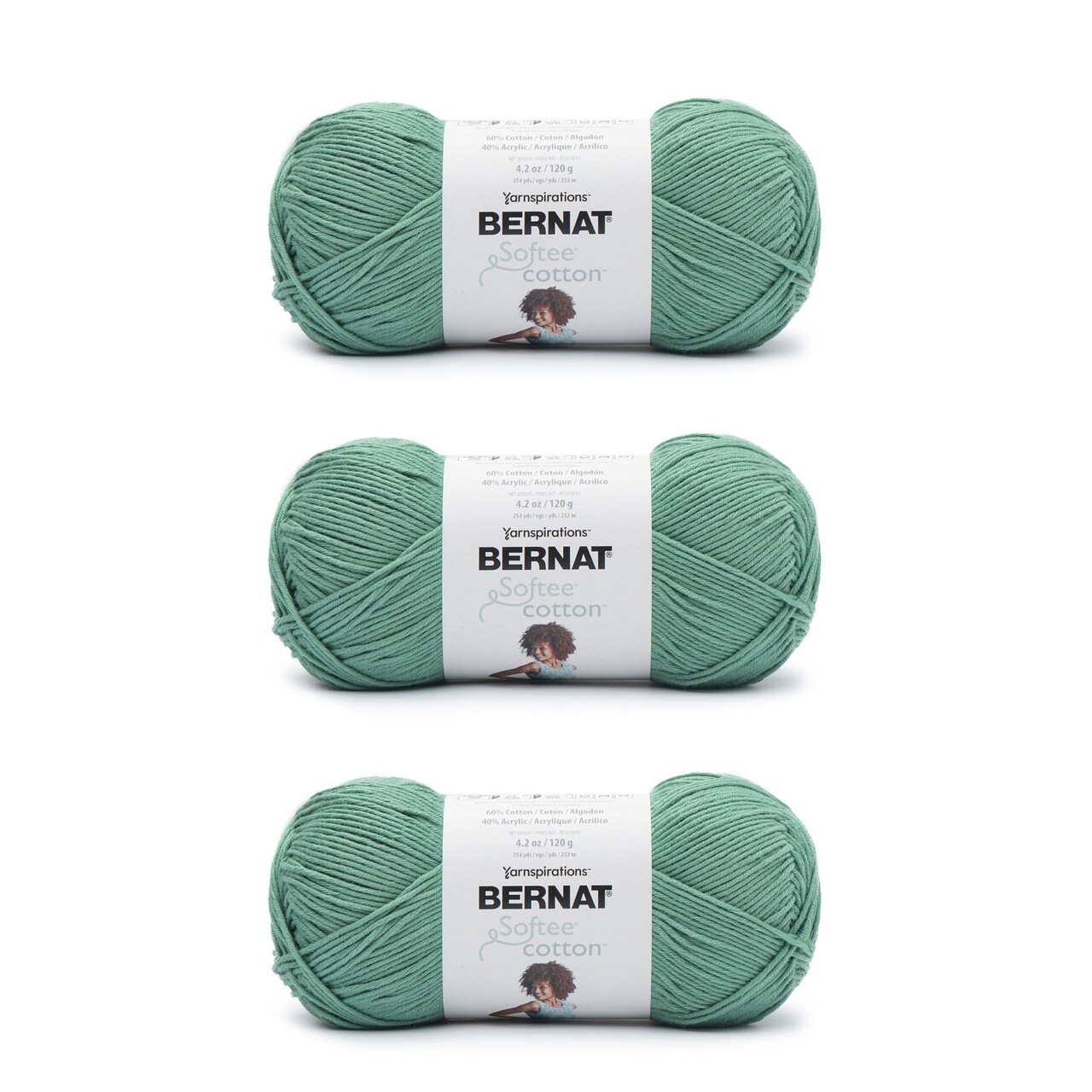 Bernat Softee Cotton Pool Green Yarn - 3 Pack of 120g/4.25oz - Nylon - 3 DK (Light) - 254 Yards - Knitting/Crochet